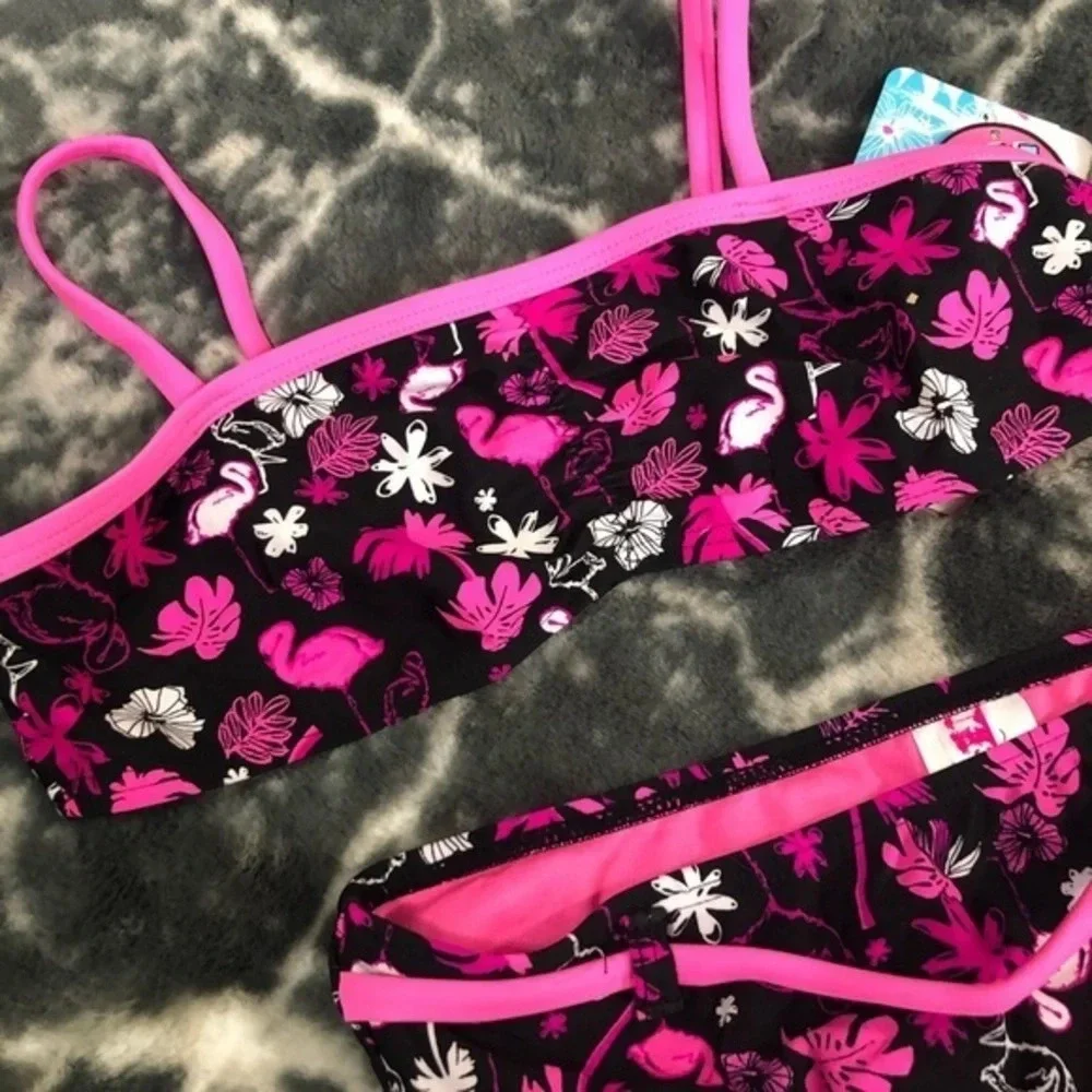 NWT girls Bright tropical print bikini breaking waves